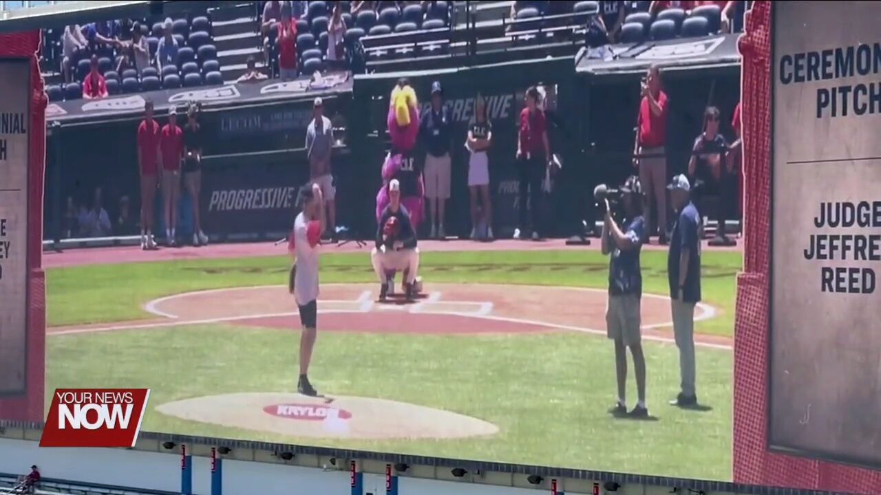 Judge Jeffrey Reed throws out first pitch at Thursday's Cleveland Guardians game